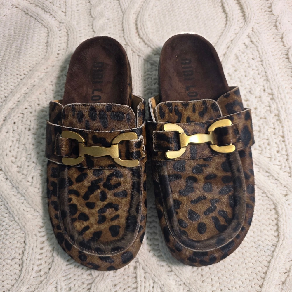 Anthropologie Bibi Lou Leopard Calf Hair Horsebit‎ Mules Clogs Brown 39 8-8.5